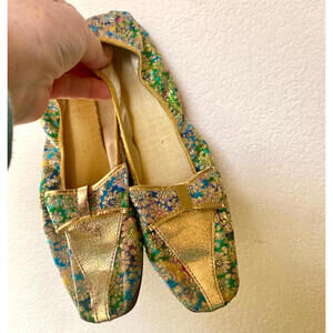 1960's Metallic Floral Brocade BOW Hostess Slippers Shoes 7 - 7.5 B Bonnie Doon